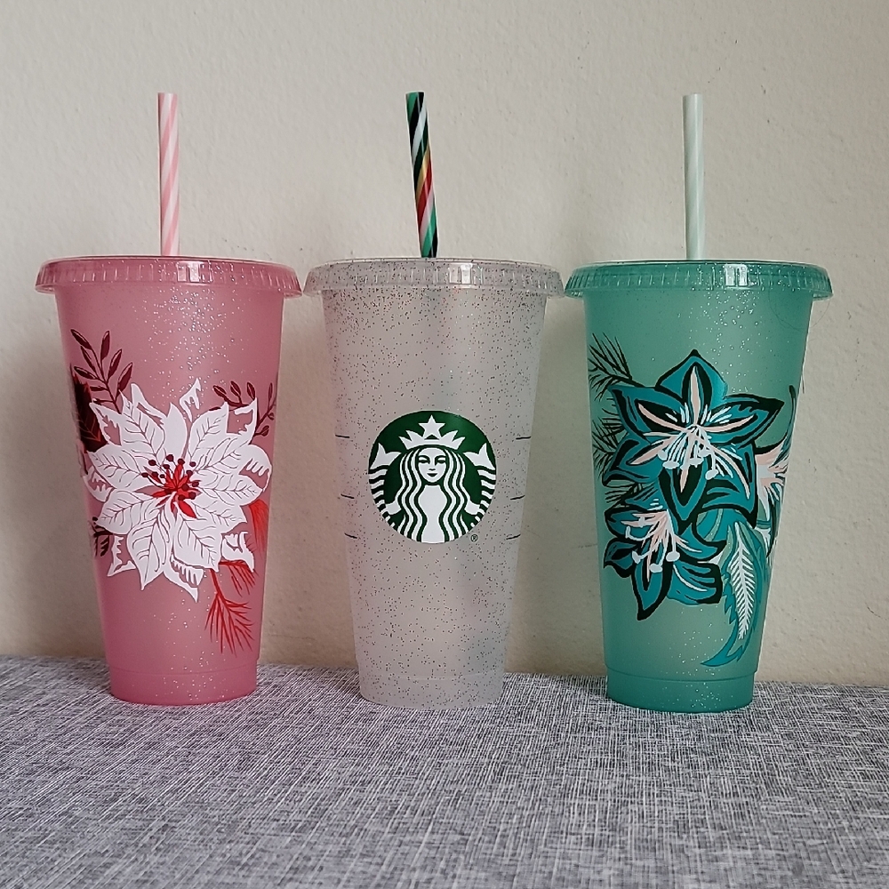 3 Starbucks Cold Reusable Limited Edition Christmas Holiday 2022 Glitter Cups